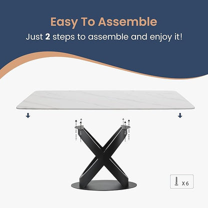 POVISON 71" Modern Dining Table for 4-6 People, Matte White Sintered Stone Table Top with X-Shape Carbon Steel Pedestal, Large Rectangular Table for Kitchen Living Room