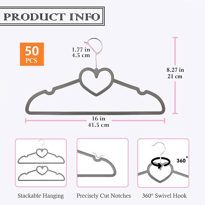 Grey Velvet Hangers 50 Pack, 16" Non Slip Adult Hangers, Slim Clothes Hanger with 360 Degree Swivel Hook - Durable & Cute