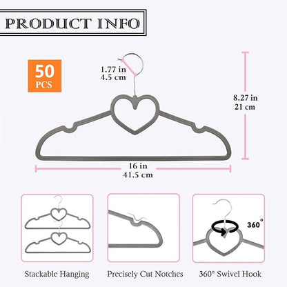 Grey Velvet Hangers 50 Pack, 16" Non Slip Adult Hangers, Slim Clothes Hanger with 360 Degree Swivel Hook - Durable & Cute