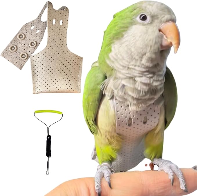 Premium Genuine Cowhide Bird Flight Harness Anti Bite Breathable Parrot Diaper Parrot Suit with Leash for Parakeet Conure Quaker Flying Clothes Rope and Handle (with Leash,Small)