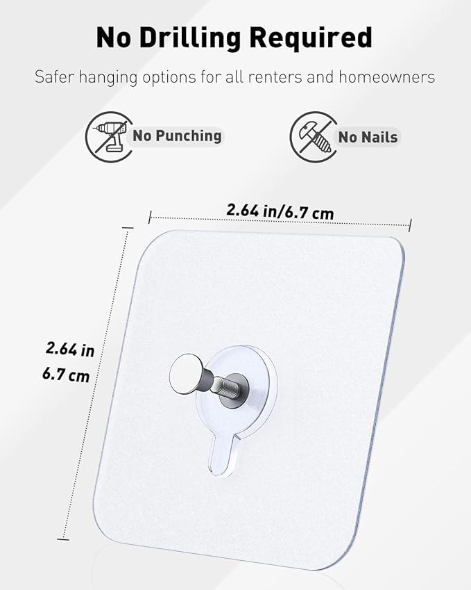Uniclife 30 Pcs Self Adhesive Picture Hooks 40 lbs Load 2.64" Heavy Duty Picture Hangers Without Nails Adhesive Wall Hooks for Hanging Transparent Waterproof Frame Hangers Sticky Hooks for Bathroom