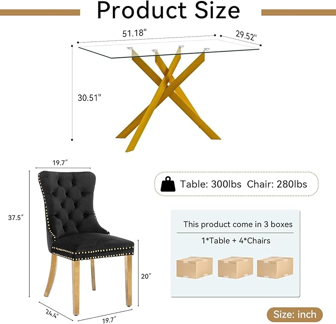 Goujxcy 5 Piece Glass Dining Table Set Modern Glass Dining Table Set for 4, 51" Rectangular Kitchen Table and 4 Velvet Upholstered Chairs for Kitchen Dining Room, Gold Table & Black Chair