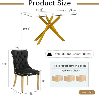 Goujxcy 5 Piece Glass Dining Table Set Modern Glass Dining Table Set for 4, 51" Rectangular Kitchen Table and 4 Velvet Upholstered Chairs for Kitchen Dining Room, Gold Table & Black Chair