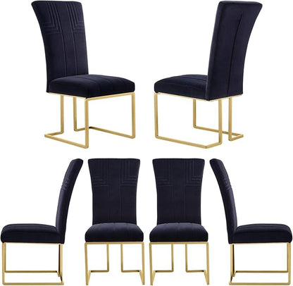 AUZ Dining Chairs Set of 6, Black and Gold Velvet Upholstered Dining Chairs with High Back and Polished Stainless Steel Sled Legs