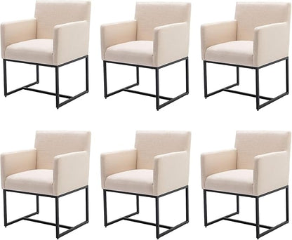 Linen Upholstered Dining Chairs with Arms Set of 6 Mid Century Modern Accent Chairs Armchairs with Black Metal Frame, Modern Kitchen & Dining Room Chairs, Cream