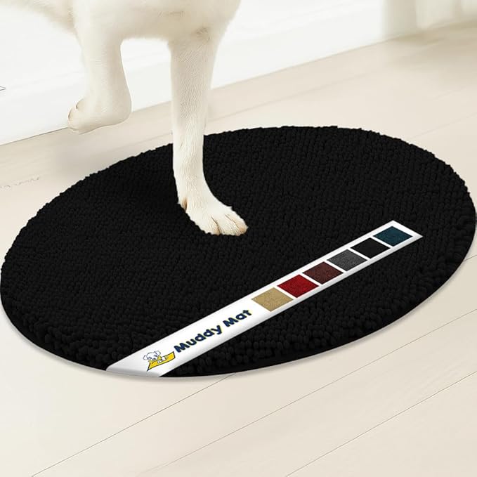 Muddy Mat® Shown on TV – Super Absorbent Microfiber Dog Door Mat for Muddy Paws, Non-Slip Washable Pet Rug, Quick Dry Chenille Entryway Carpet,Machine Washable Indoor Outdoor Mat, Black Oval 6ft x 9ft