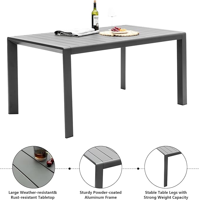Outdoor Dining Table for 6, 60"x35" Patio Rectangular Dining Tables Powder-Coated Aluminum Table Top Heavy Duty Patio Furniture for Garden,Grey Frame