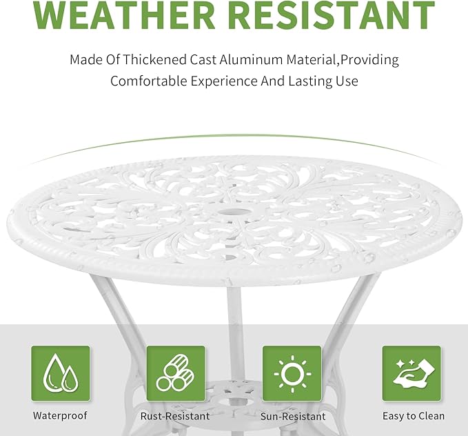 Patio Bistro Sets, Cast Aluminum Bistro Table and Chairs Set of 2 with Umbrella Hole, Bistro Set 3 Piece Outdoor, Metal Patio Furniture Set for Garden Porch, White