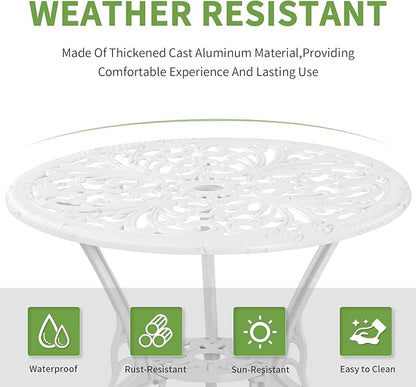 Patio Bistro Sets, Cast Aluminum Bistro Table and Chairs Set of 2 with Umbrella Hole, Bistro Set 3 Piece Outdoor, Metal Patio Furniture Set for Garden Porch, White