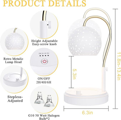 Candle Warmer Lamp with Timer, Candle Warmer Lamp Adjustable Height with 2 Bulbs, Dimmable Electric Candle Warming Lamp for Scented Jar Candles, White