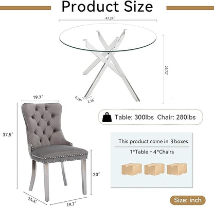 Goujxcy Round Dining Table Set for 4, Modern Glass Kitchen Table and Chairs Set of 4, 5-Piece Dining Room Table Set w/47 Circle Silver Glass Dining Table and 4 Upholstered Velvet Chairs