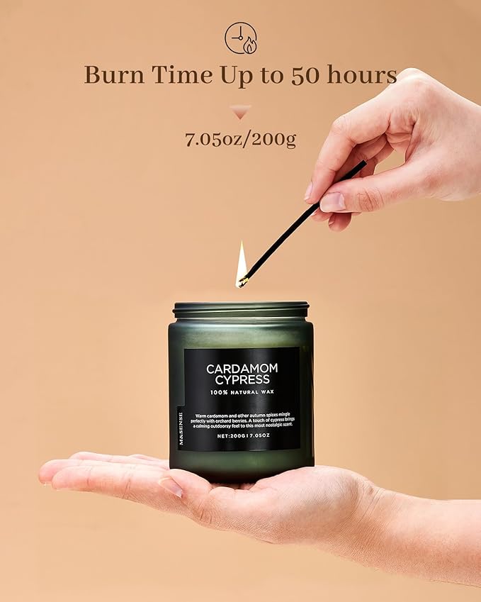M&SENSE Cardamon & Cypress Single Cotton Wick Natural Soy Wax Autumn Fragrance Candle for Home Decor, Fall Scented Gift for Holiday 7.05oz 50 Hours Burn Clean Non Toxic Candle