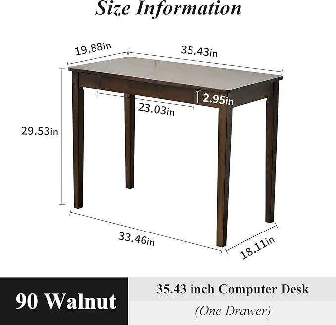 Solid Wood Computer Desk with Drawers, Modern Writing Desk for Home Office, Mid Century Modern Desk, Oak Study Table, 35.4x19.9x29.5 inches (Single Drawer), Walnut