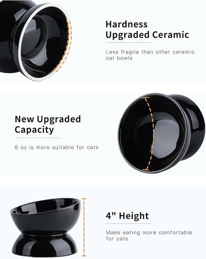 Cat Water Bowl, 16 OZ Ceramic Elevated Cat Bowls, 15° Tilted and Raised Pet Food Dish, Anti Vomiting Protect Pets' Spines and Whisker Fatigue