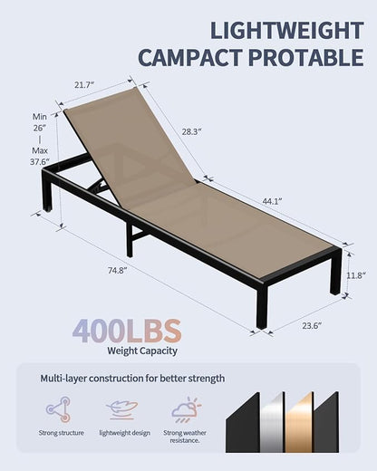 Aluminum Lounge Chairs Outdoor Chaise Furniture,2 Sets Patio Metal Deck Lounger Adjustable 5-Position Poolside Chase Recliner with Wheels for Beach,Coffee Table, (Khaki, 2 Chairs)