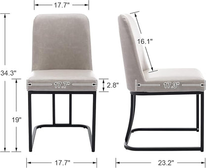Grey PU Leather Dining Chairs Set of 6 Mid Century Modern Comfortable Dining Room Chair with Curved Backrest, Upholstered Kitchen Side Chairs with Black Metal Legs