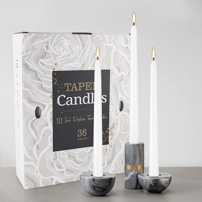 36 Pack White Taper Candles, 7-8 Hours Burn Time, Unscented, Smokeless and Dripless, 0.8 x 10 Inch Dinner Candle Set for Household, Wedding, Party and Home Décor Candlesticks