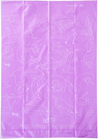 Glad for Pets Scented Waste Bags, Tear Resistant Pet Poop Pick-up Bags with Leak Protection, Fresh Lavender Scent, Purple Designs, 6 rolls, 90 bags total
