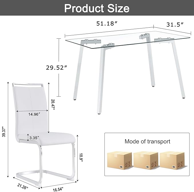 Glass Dining Table Set for 4,Rectangle Dinner Table with 4 White Leather Kitchen Chairs,51 in Kitchen Room Dining Set,0.31” Tempered Glass Table Top with Silver Metal Legs,4 Dining Chairs