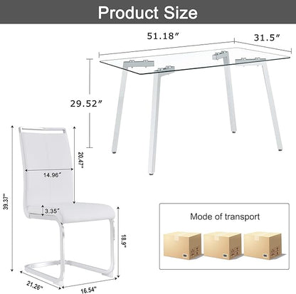 Glass Dining Table Set for 4,Rectangle Dinner Table with 4 White Leather Kitchen Chairs,51 in Kitchen Room Dining Set,0.31” Tempered Glass Table Top with Silver Metal Legs,4 Dining Chairs