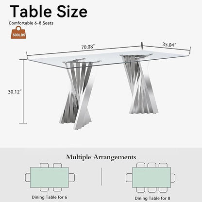 Goujxcy 70" Modern Glass Dining Table for 6-8, Luxury Silver Glass Dining Room Table with Mirrored Flash-Shape Stainless Steel Base, Rectangle Kitchen Dinner Tables for Dining Room Kitchen