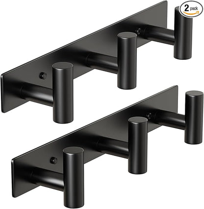 HUFEEOH 2 Pack Coat Hooks Wall Mount, Black T Shaped 3 Hooks Wall Hooks Stainless Steel Coat Hanger Wall Mount, Heavy Duty Towel Hooks Purse Rack for Hanging