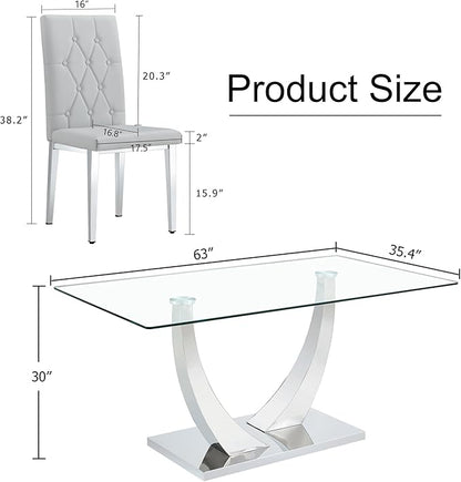 Modern Dining Table Set for 4,Dining Room Table Set for 4,Kitchen Table Set with 4 PU Leather Chairs,63'' Glass Dining Table Set with Silver U-Shaped Table Legs and Rectangular Base