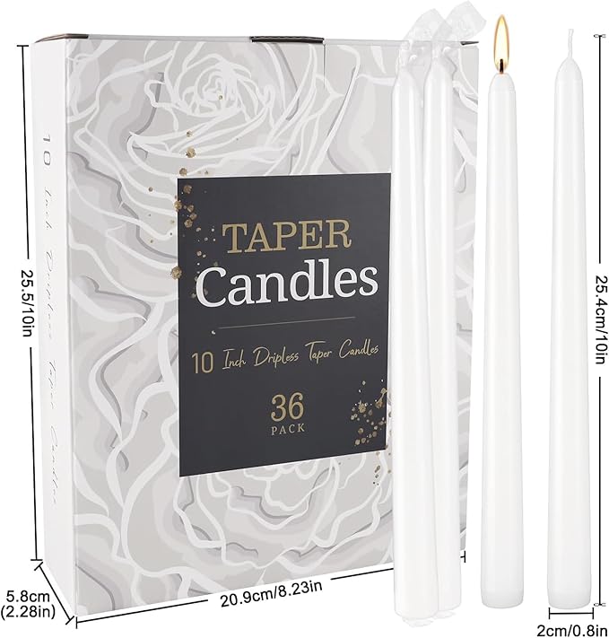 36 Pack White Taper Candles, 7-8 Hours Burn Time, Unscented, Smokeless and Dripless, 0.8 x 10 Inch Dinner Candle Set for Household, Wedding, Party and Home Décor Candlesticks