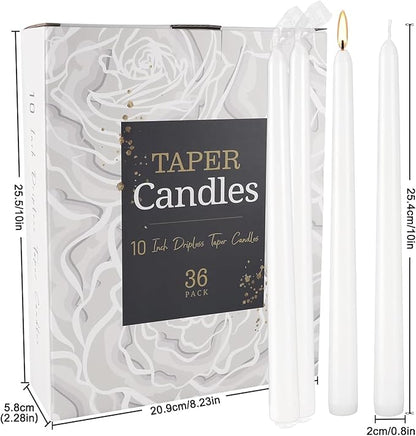 36 Pack White Taper Candles, 7-8 Hours Burn Time, Unscented, Smokeless and Dripless, 0.8 x 10 Inch Dinner Candle Set for Household, Wedding, Party and Home Décor Candlesticks