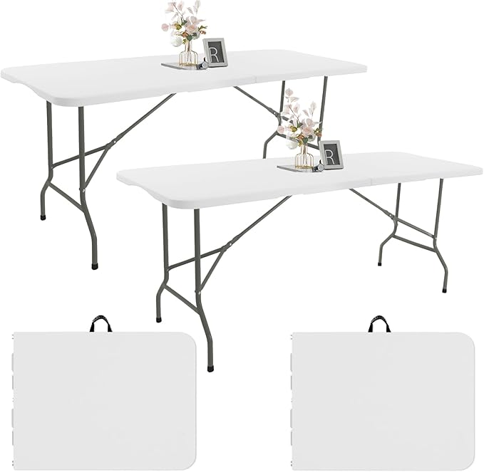 Fivenl 2 Pack 6 FT Folding Tables White Foldable Table, Fold-in-Half with Carrying Handle Portable Plastic Rectangular Table for Party, Dining, Wedding, Camping, Picnic, Indoor Outdoor Events