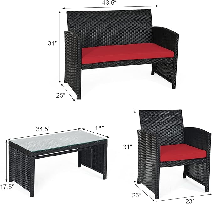 Tangkula Patio Wicker Conversation Furniture Set, Patiojoy Sofa & Table Set w/4 Seats, Outdoor Rattan Sofa Set for Balcony Backyard, Wicker Chair Set with Tempered Glass Coffee Table (1, Red)