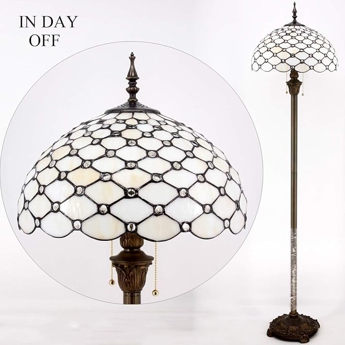 WERFACTORY Tiffany Floor Lamp Cream Amber Stained Glass Bead Standing Reading Light 16X16X64 Inches Antique Pole Corner Lamp Decor Bedroom Living Room Home Office S005 Series