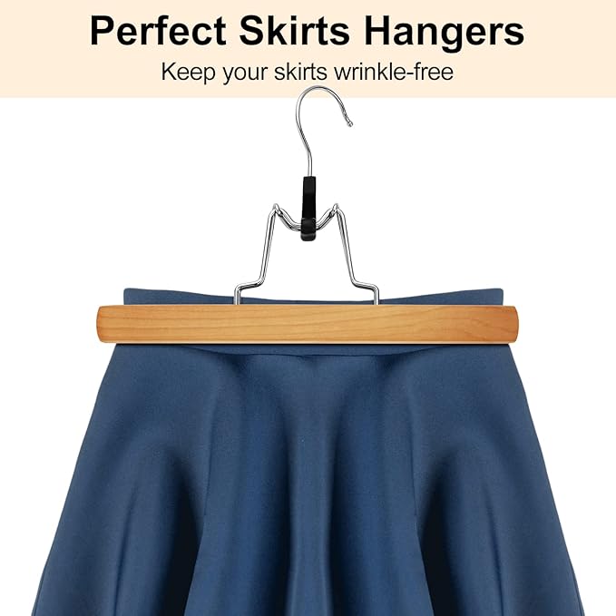 AMKUFO 12 Pack Natural Wooden Pants Hangers with Clips Non Slip Skirt Hangers Trouser Clamp Hanger Solid Wood Hanger with 360° Swivel Hook