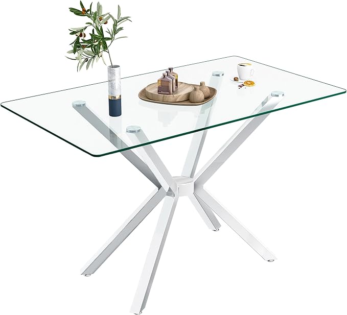 47" Tempered Glass Dining Table for 4, Modern Kitchen Table Rectangle Top, Geometric Metal Leg, for Apartment Dining Room Restaurant (Silver)