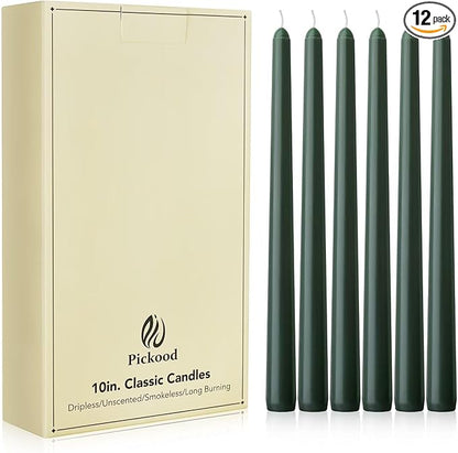 New Burning Formula Unscented Dripless 10-Inch Taper Candles Set of 12 - Dark Green, for Wedding, Dinner - Smokeless, Long Burning - Hand Poured, Colored Tall Candlesticks - Verde Oscuro