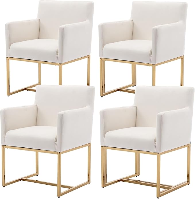 Upholstered Dining Chairs with Arms Set of 4 Mid Century Modern Accent Chairs Armchairs with Gold Metal Frame, Velvet Modern Kitchen & Dining Room Chairs, Cream