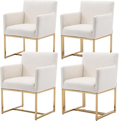 Upholstered Dining Chairs with Arms Set of 4 Mid Century Modern Accent Chairs Armchairs with Gold Metal Frame, Velvet Modern Kitchen & Dining Room Chairs, Cream