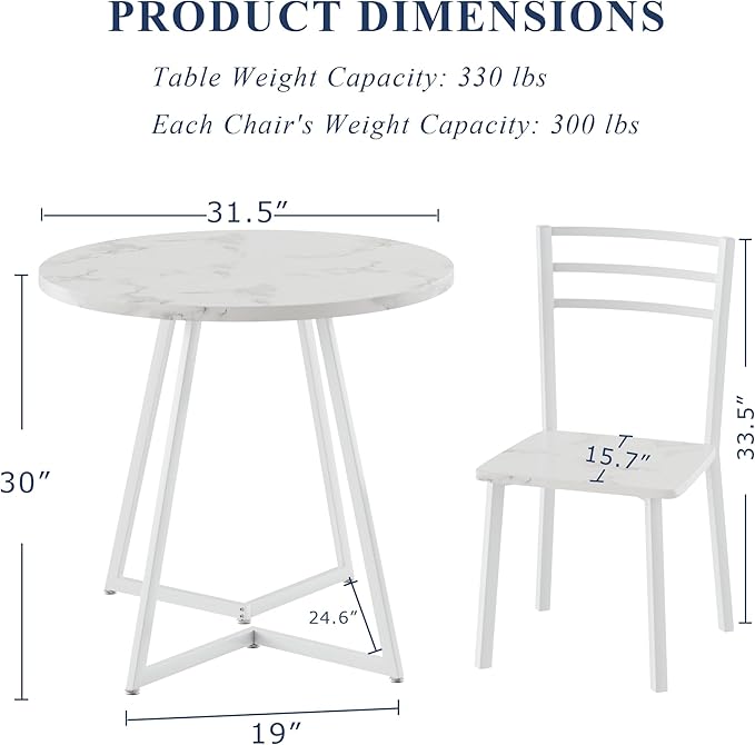 VECELO Small Round Dining Table Set for 2, Wood Tabletop with Strong Metal Frame, Modern Dinette with Chairs for Kitchen, Breakfast Nook Living Room, Faux Marbled & White