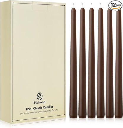 New Burning Formula Unscented Dripless 12-Inch Taper Candles Set of 12 - Cocoa Brown, for Wedding, Dinner - Smokeless, Long Burning - Hand Poured, Colored Tall Candlesticks - Marrón Cacao