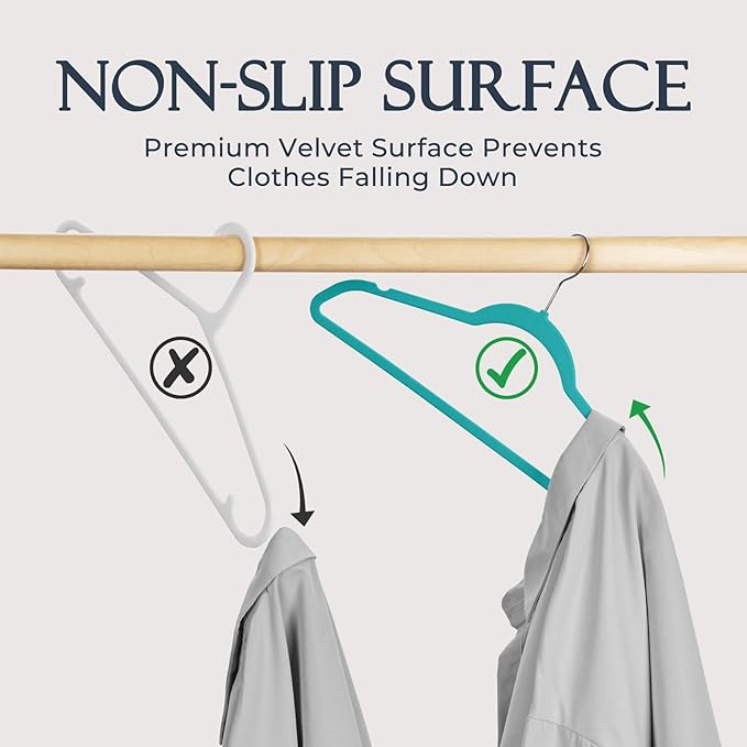 HOUSE DAY Mint Green Velvet Hangers 60 Pack, Non Slip Clothes Felt Hanger Heavy Duty for Coat, Premium Slim Space Saving Suit Hangers for Closet Organizer, 360° Rotating Silver Hook