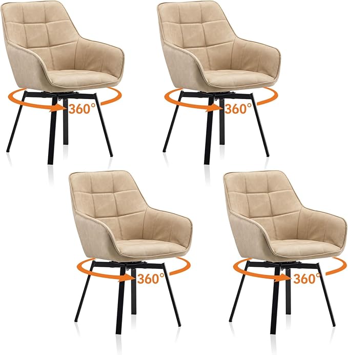 TUKAILAi Swivel Dining Chairs Set of 4, Faux Leather Upholstered Mid Century Accent Chairs with Arm Metal Legs, Rotatable Kitchen Chair for Kitchen Home Restaurant Furniture (Cream)