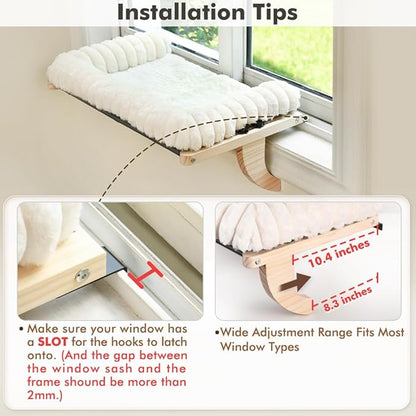 Cloud-Soft Cat Window Sill Perch with Zipper Designed Cushioned Bed, Supportive Cat Window Seat with Premium Solid Wood & Sturdy Metal Frame, Pet Hammock Bed for Large Cats (Medium, White)