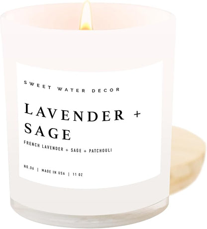 Sweet Water Decor Lavender and Sage Candle - Soy Candle for Home - Lavender, Sage, Patchouli Spa - 11oz White Jar with Wood Lid, 50+ Hour Burn Time, Made in The USA