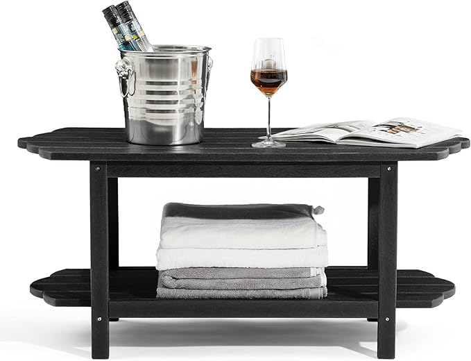 Adirondack Outdoor Patio Table-2 Tier Black Coffee Table Irregular Outside Table for Backyard Pool