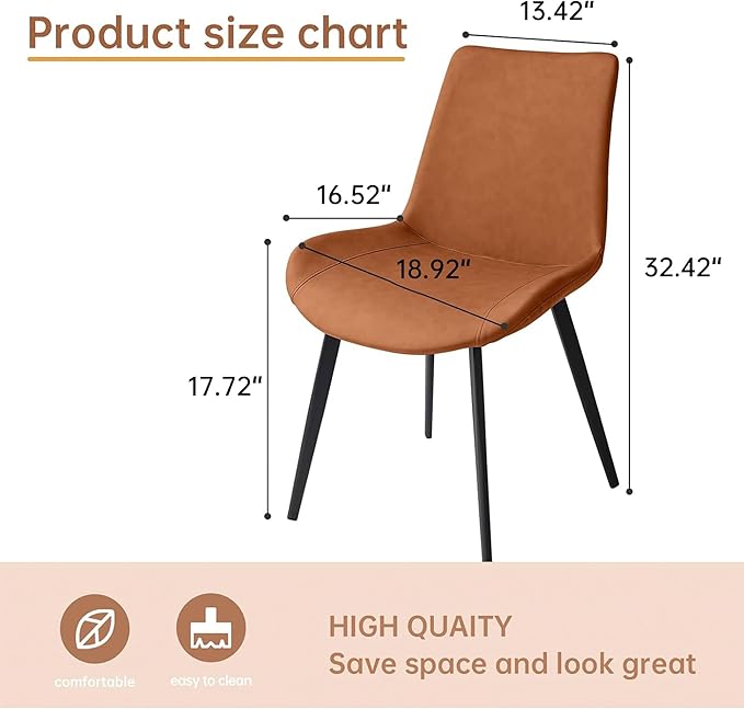 Modern Dining Chairs Set of 4, Upholstered Faux Leather Cushion Seat and Sturdy Metal Legs (4 Brown Chairs)