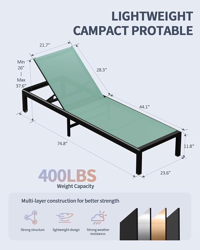 Aluminum Lounge Chairs Outdoor Chaise Furniture,2 Sets Patio Metal Deck Lounger Adjustable 5-Position Poolside Chase Recliner with Wheels for Beach,Coffee Table, (Green, 1 Chair)