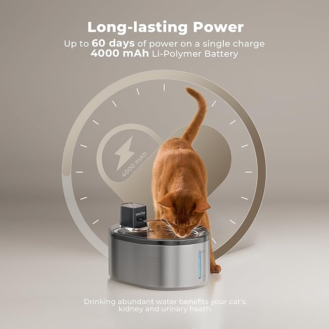 Wireless Cat Water Fountain Stainless Steel, 152oz/4.5L Cat Fountain Battery Operated, Cordless Pet Water Fountain for Cats & Dogs with Motion Sensor, Ultra Quiet Pump, Multi-Filtration