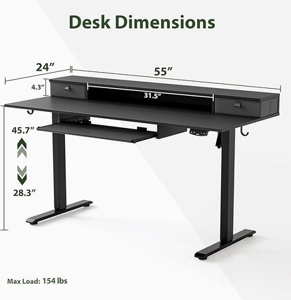 Agilestic Electric Standing Desk with 2 Drawers and Keyboard Tray, 55 x 24 Inches Ergonomic Adjustable Height Desk with Storage, Sit Stand up Desk Computer Workstation, Black