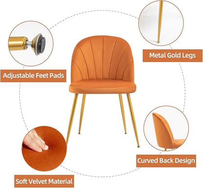 Velvet Dining Chairs Set of 2, Upholstered Mid Century Modern Dining Chairs, Armless Accent Chair with Metal Gold Legs for Living Room, Kitchen, Dining Room, Orange