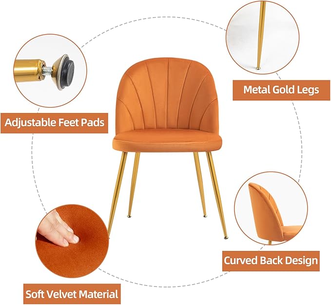 Velvet Dining Chairs Set of 6, Upholstered Mid Century Modern Dining Chairs, Armless Accent Chair with Metal Gold Legs for Living Room, Kitchen, Dining Room, Orange